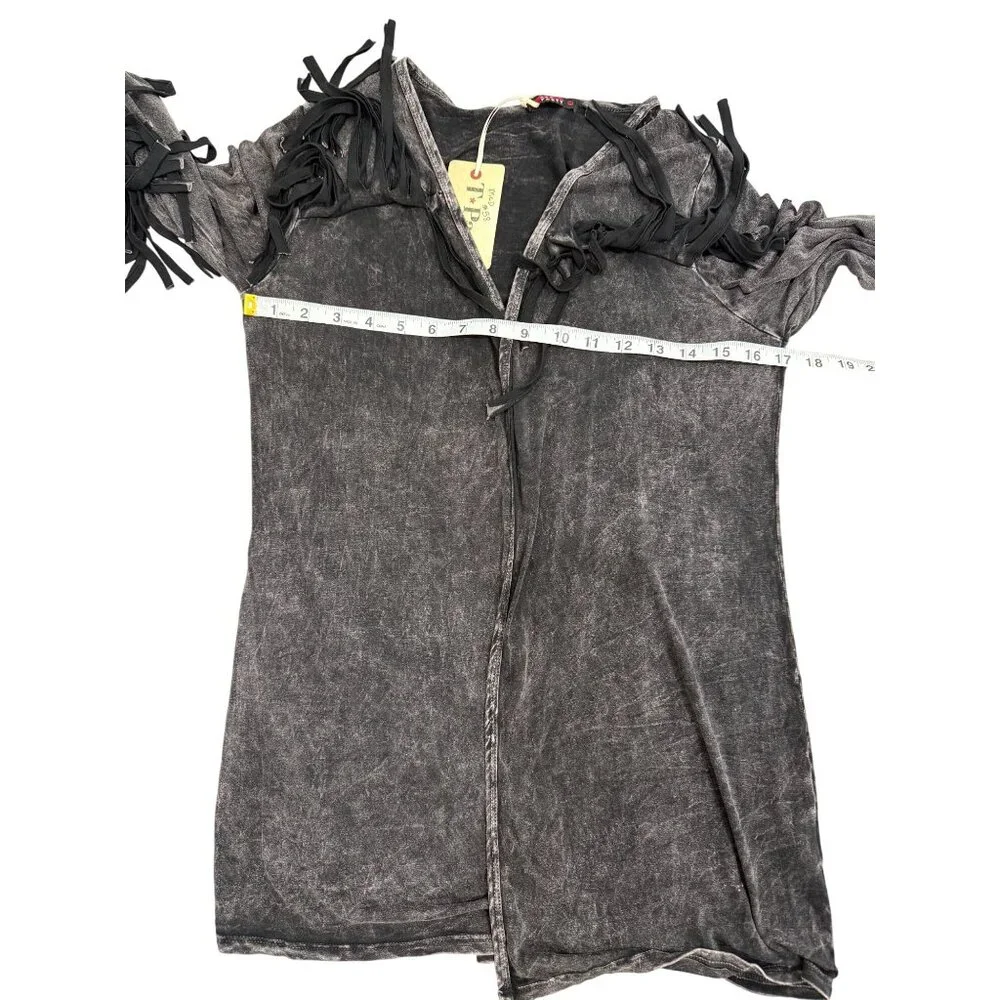 T Party Open Front Cardigan Fringe Washed Black Long Sleeve Womens Size M NEW - Picture 5 of 7